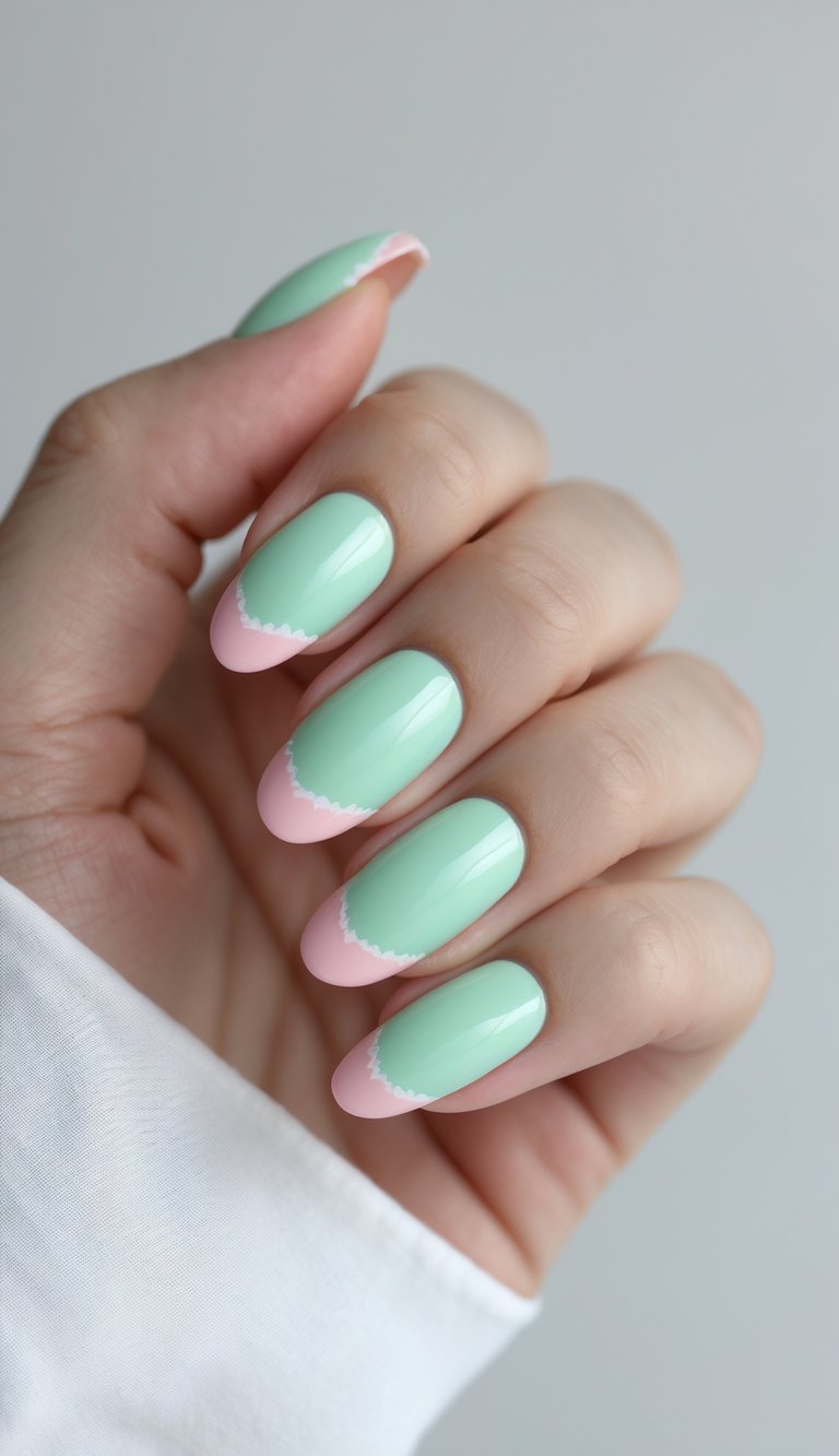Fresh mint green nails with soft pink French tips featuring a scalloped edge