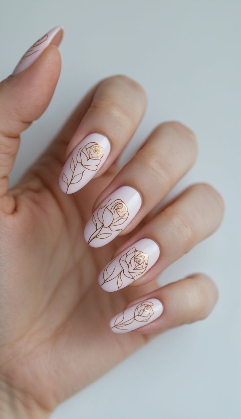 Close-up of one hand with neatly manicured nails featuring rose line art on a pastel base against a white background.
