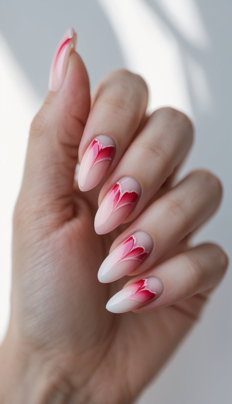 Close-up of one hand with manicured nails featuring pink and red gradient rose petal nail art on a white background.