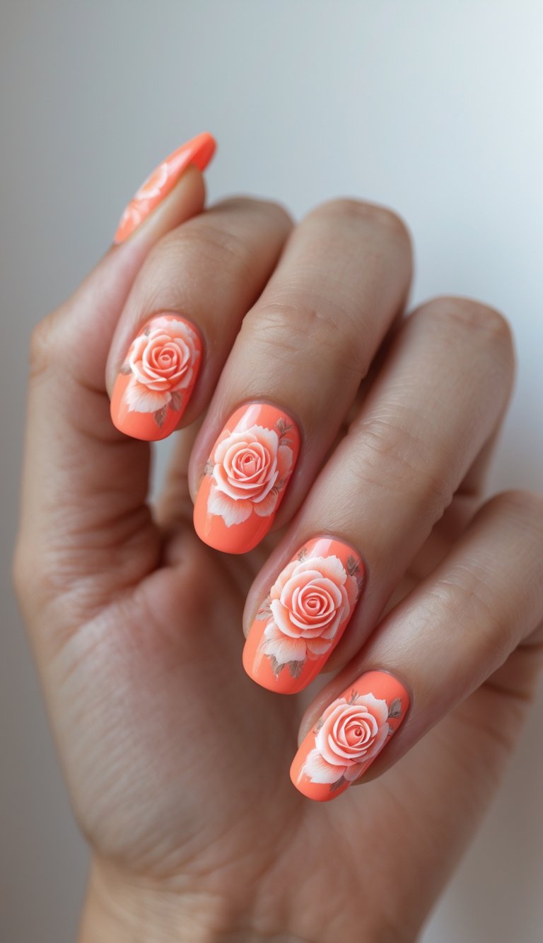 Close-up of a single hand with bright coral rose nail art on each fingernail against a white background.