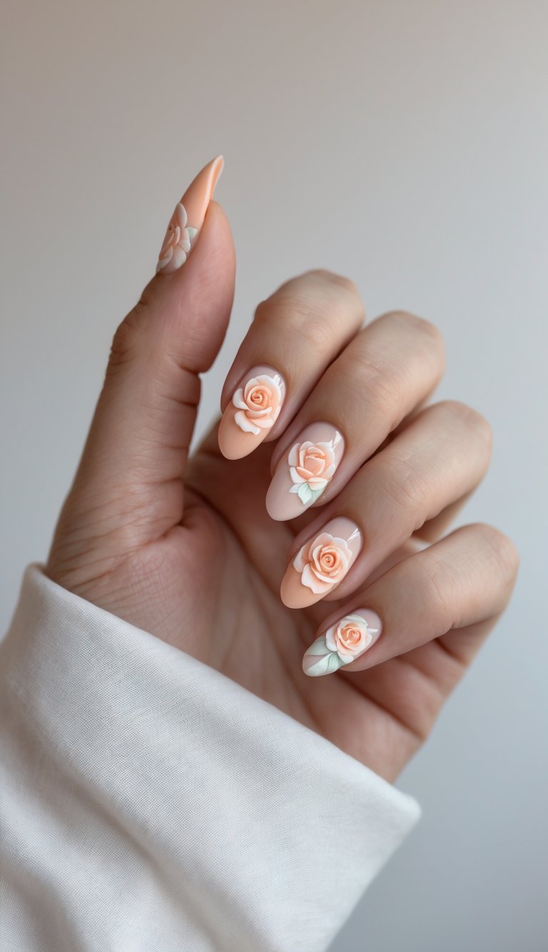Close-up of one hand with soft peach rose nail art on a white background.