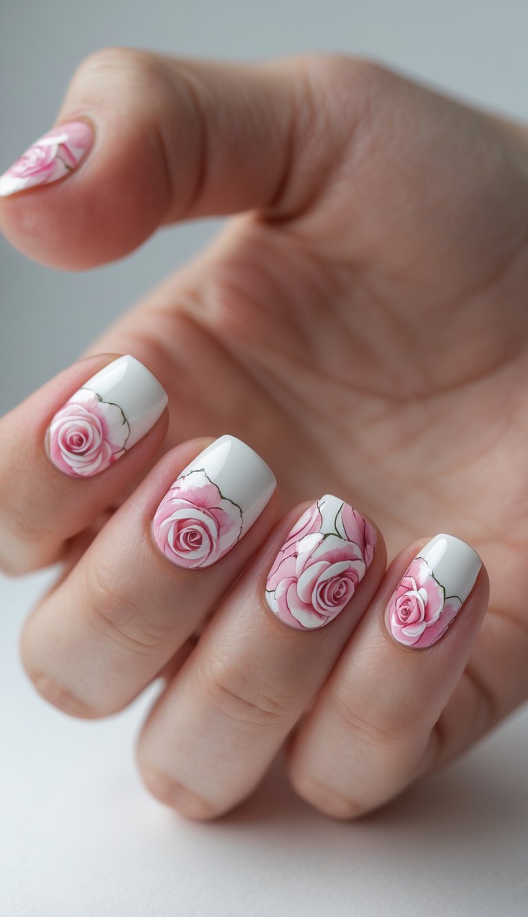 Close-up of one hand with pink and white rose nail art on neatly manicured nails against a white background.