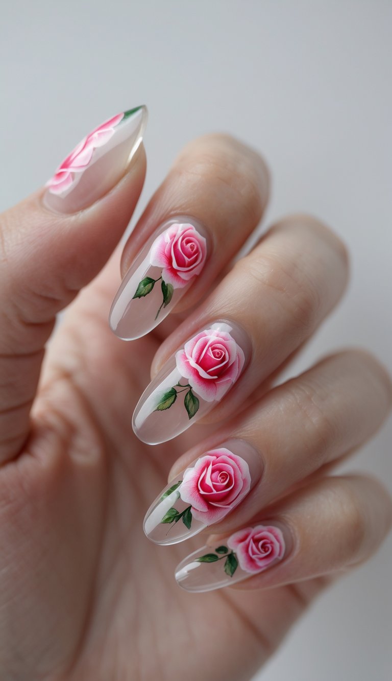 Close-up of one hand showing clear jelly nails decorated with detailed rose designs on a white background.