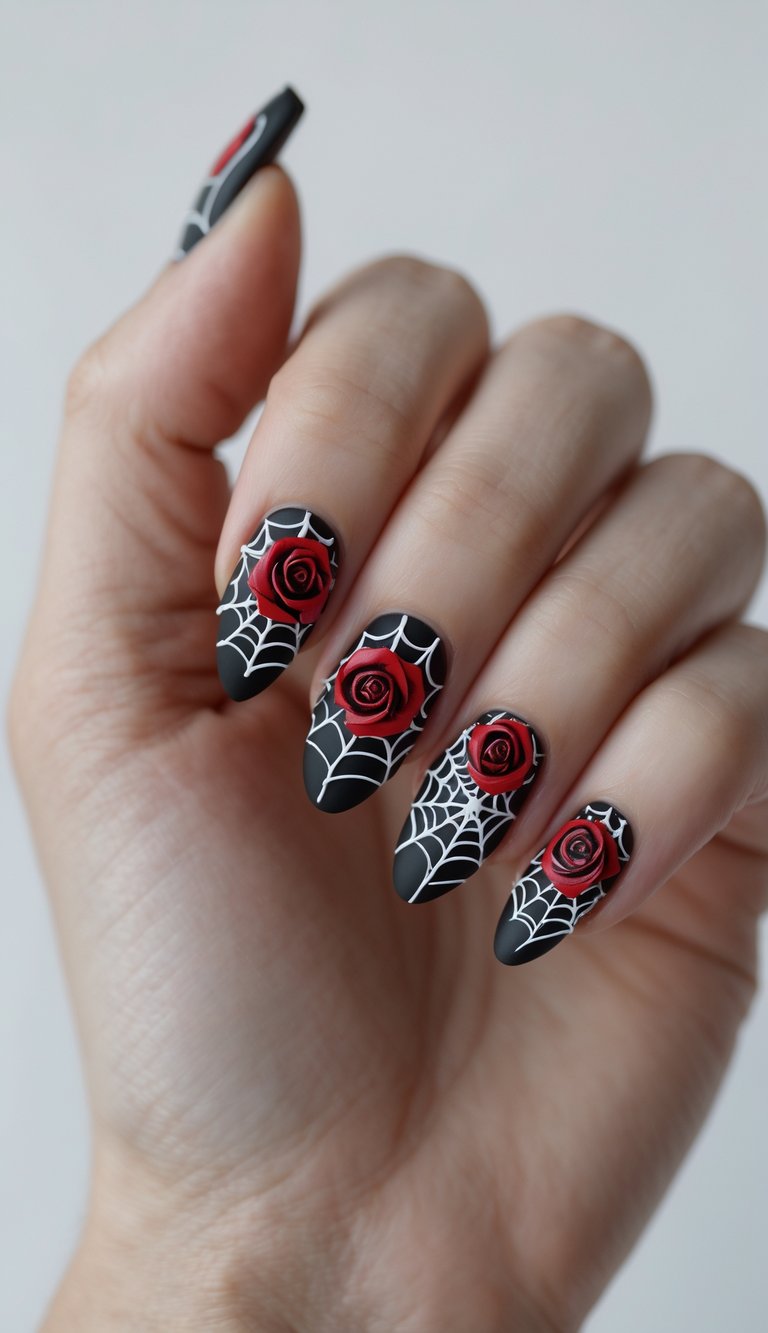 Close-up of one hand showing nails decorated with red roses and white spiderweb designs on a white background.