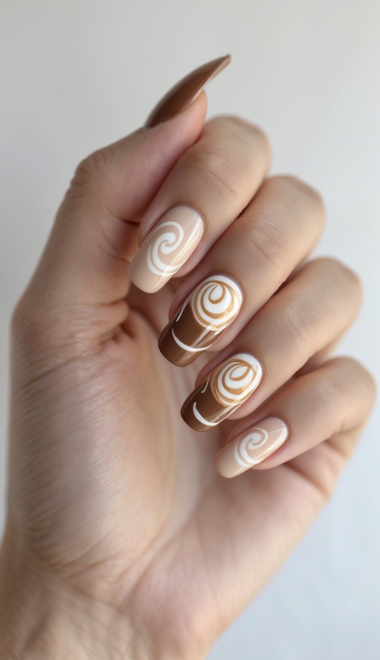 Close-up of one hand with creamy beige and light brown latte art nail designs on a white background.