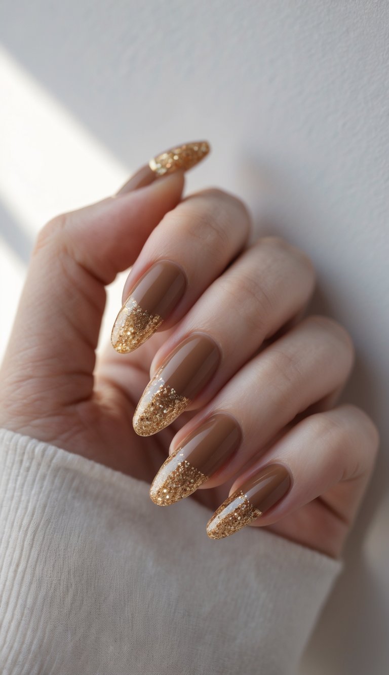 Close-up of one hand with brown nails featuring glittery tips against a white background.