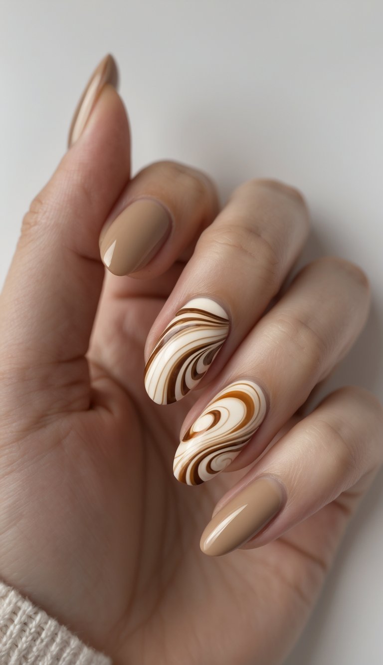 Close-up of one hand with manicured nails featuring coffee-colored swirl designs on a white background.