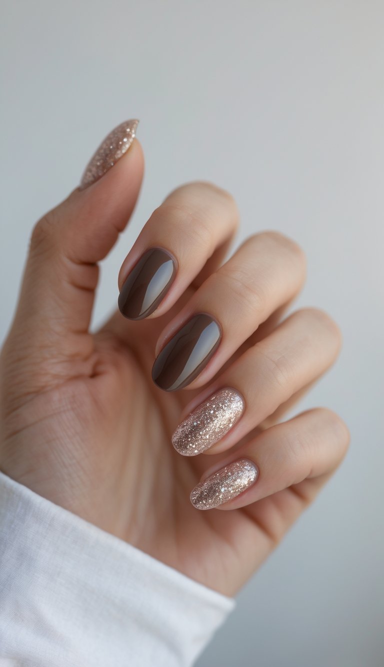 Close-up of one hand with dark brown and glitter accent nails against a white background.