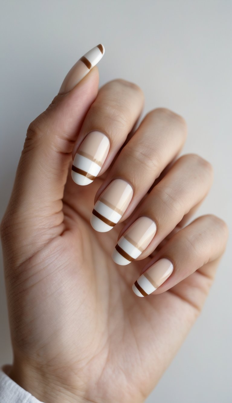 Close-up of a single hand with cream and coffee striped nail art on a white background.