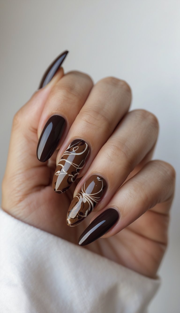 Close-up of one hand with dark brown coffee-inspired nail art on a white background.