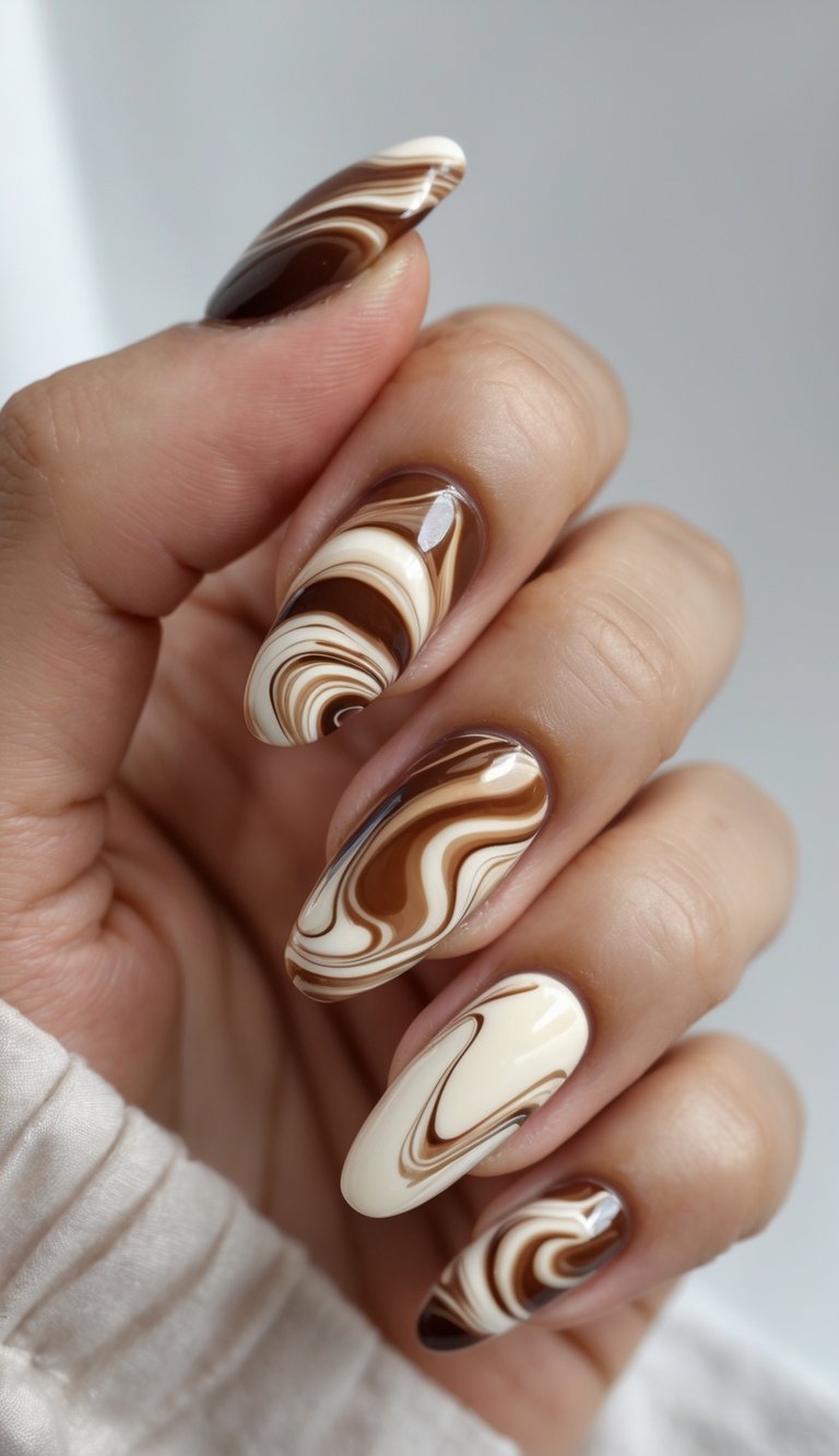 Close-up of one hand with mocha and cream marble nail art on manicured nails against a white background.