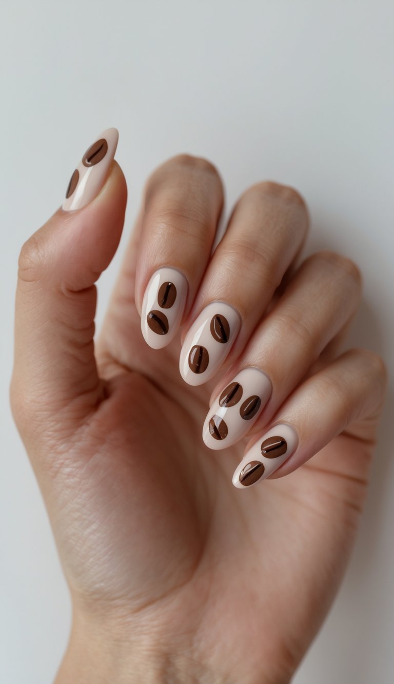 Close-up of one hand with glossy coffee bean-themed nail art on a white background.
