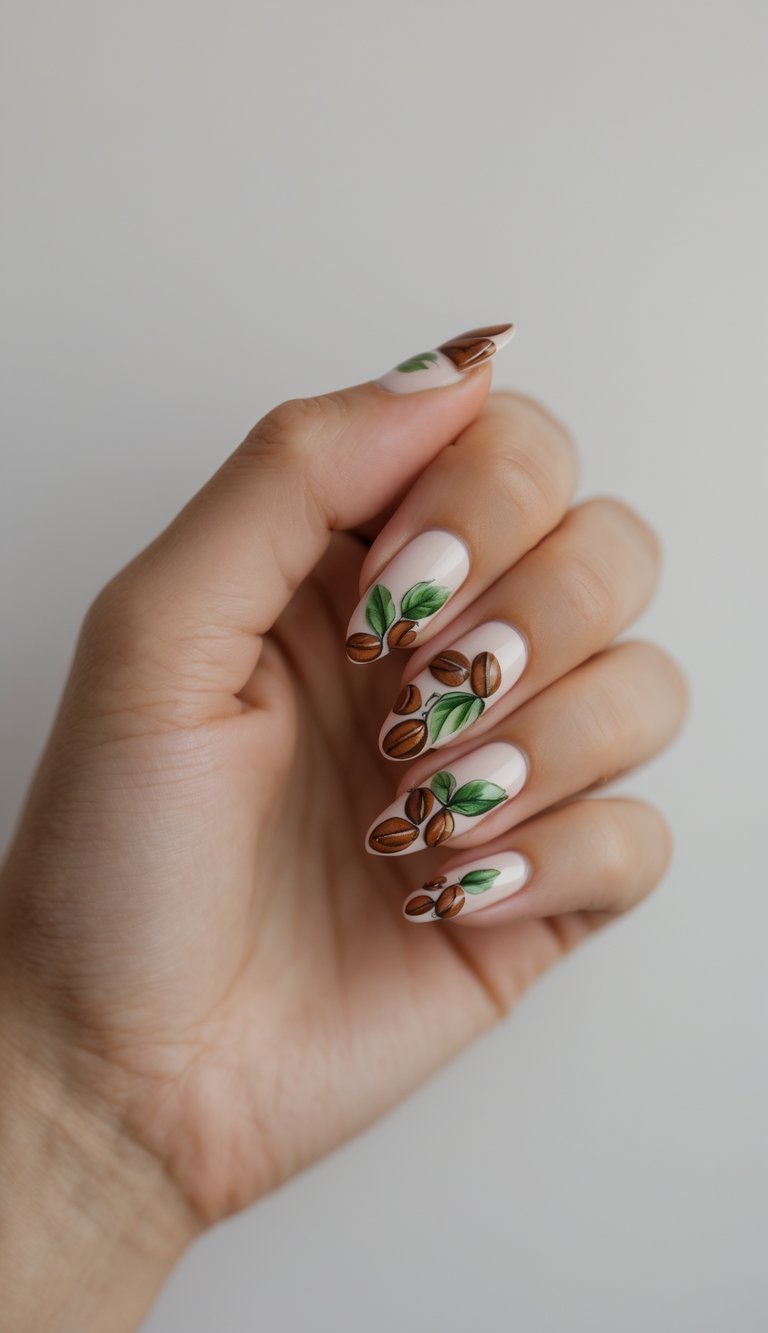 Close-up of one hand with nails painted in coffee bean and leaf designs against a white background.