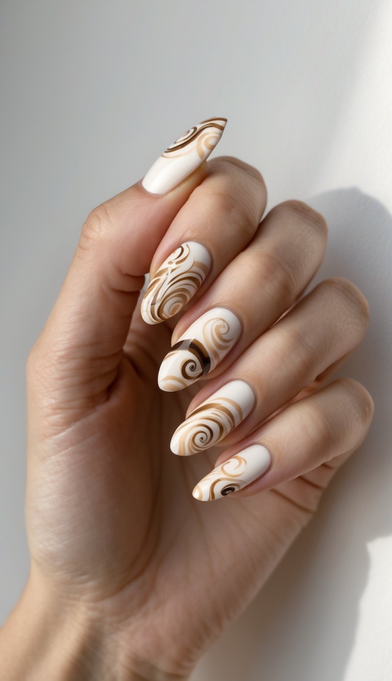 Close-up of one hand with detailed floral and coffee-inspired nail art on a white background.