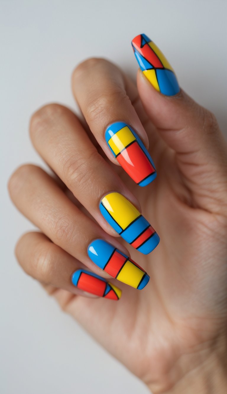 Close-up of a hand with colorful geometric nail art on a white background.