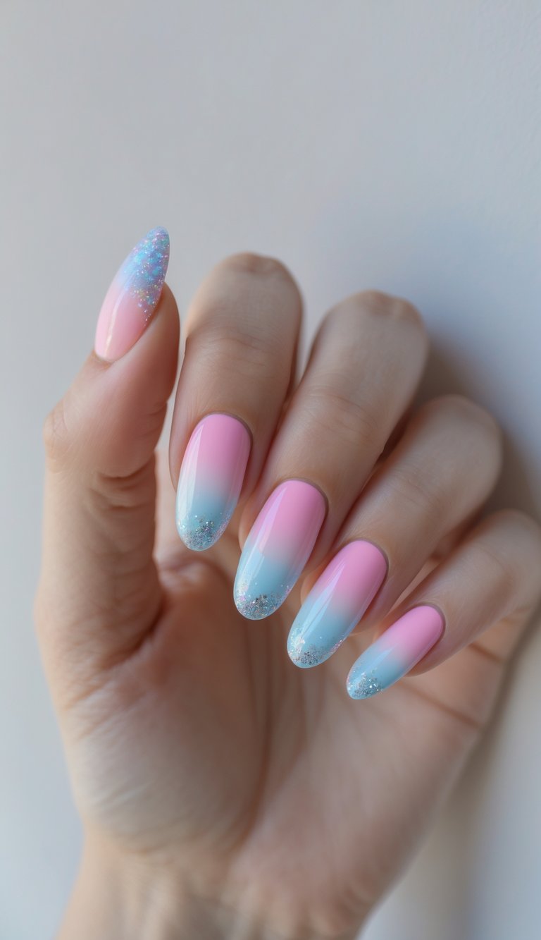 Close-up of one hand with pastel neon ombre nails and glitter tips against a white background.