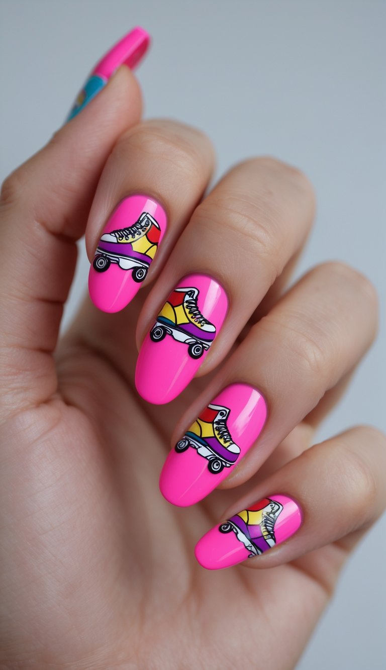 Close-up of a hand with hot pink nails featuring detailed roller skate nail art on a white background.