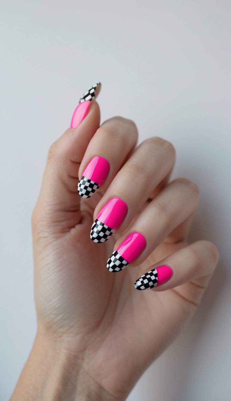 Close-up of one hand with neon raspberry nails and black and white checkerboard tips against a white background.