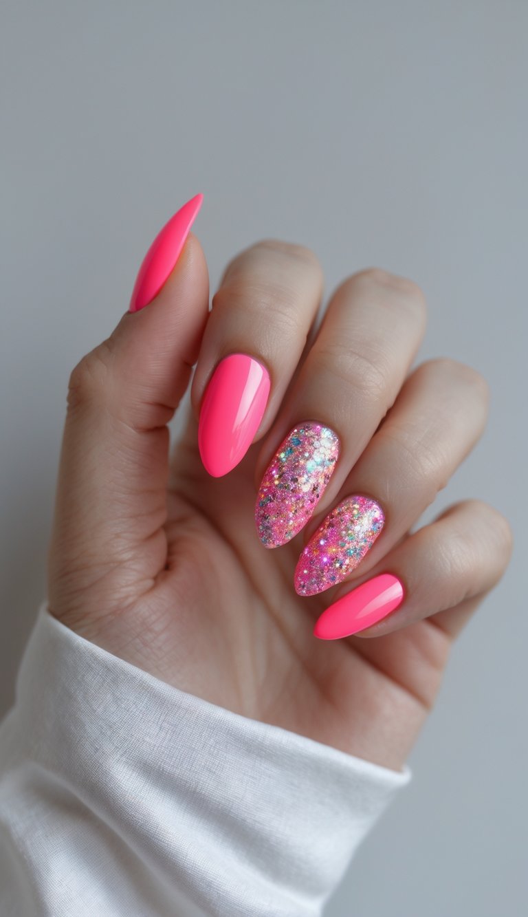 Close-up of one hand with hot pink nails and glitter accents against a white background.