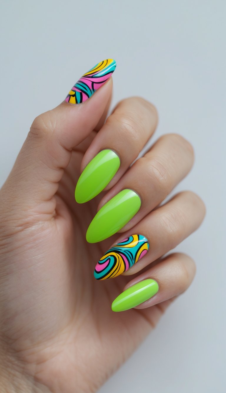 Close-up of one hand with neon green nails featuring colorful swirl designs against a white background.
