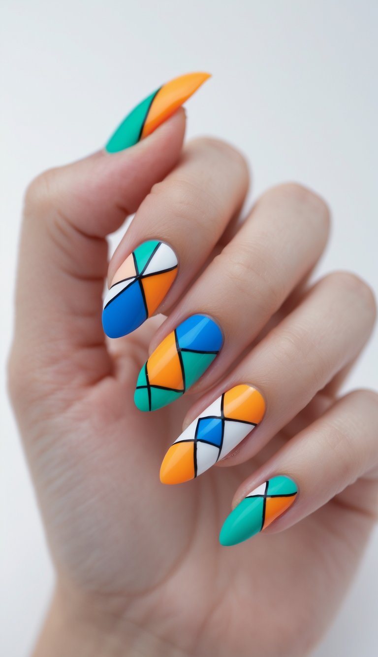 Close-up of one hand with colorful geometric patterned nails against a white background.