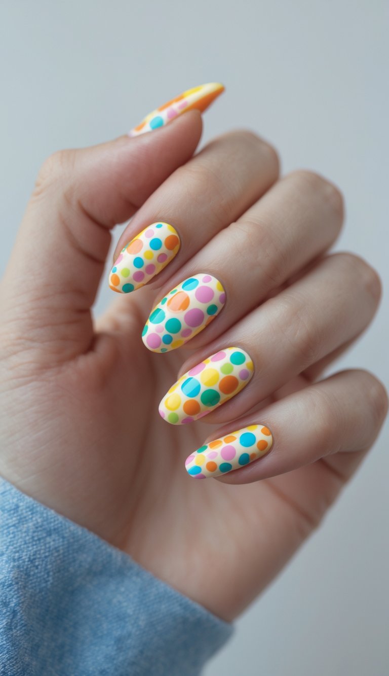 Close-up of a single hand with colorful polka dot nail art on a white background.