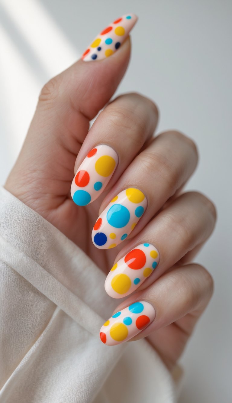 Close-up of one hand showing nails decorated with colorful polka dot patterns on a white background.