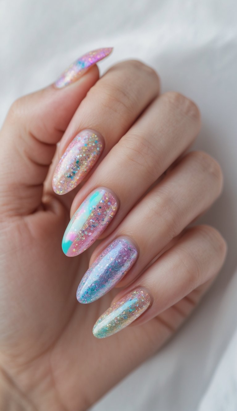Close-up of a single hand with manicured nails featuring pastel colors and glitter nail art on a white background.