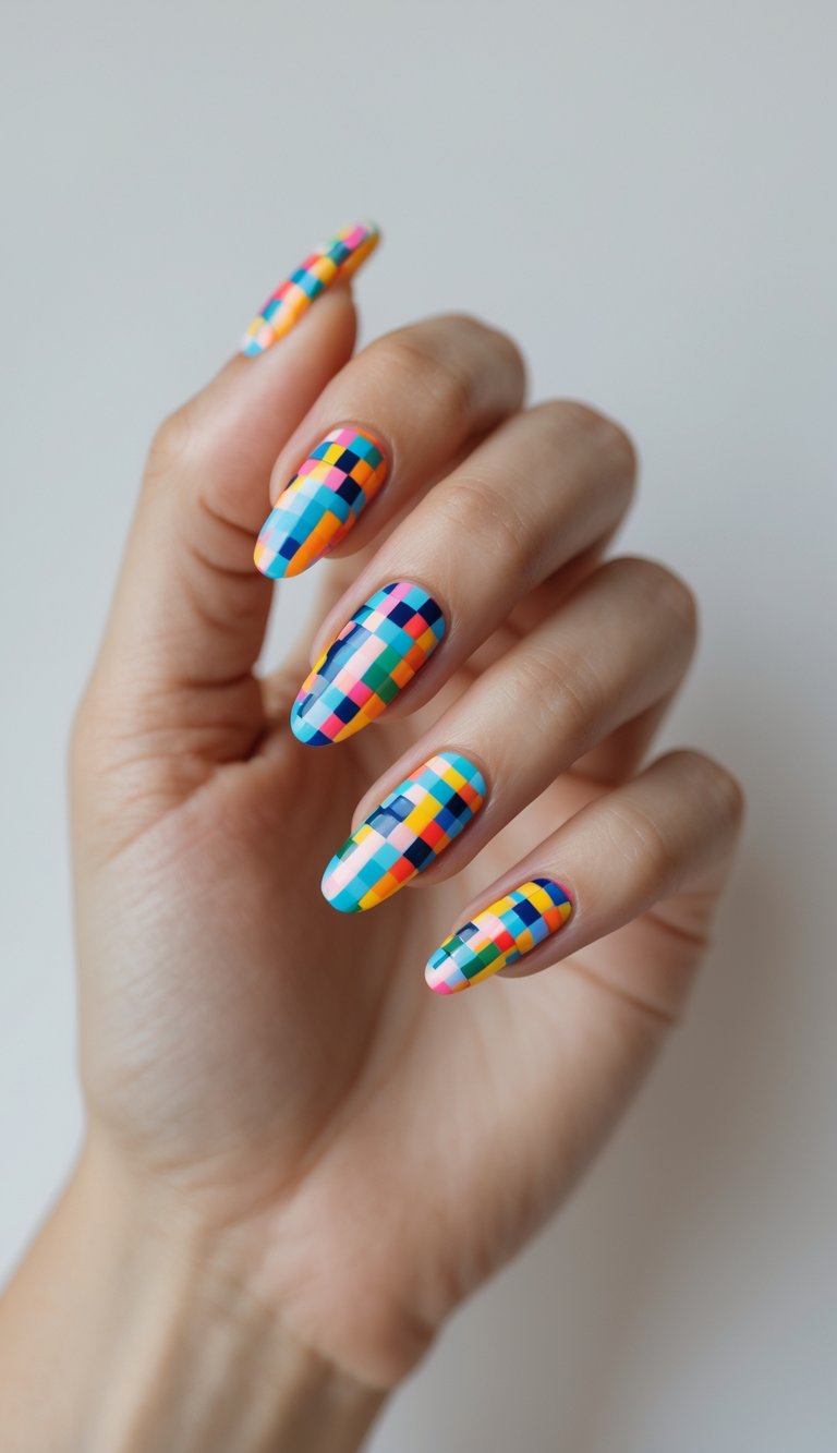 Close-up photo of one hand with colorful pixelated nail art against a white background.