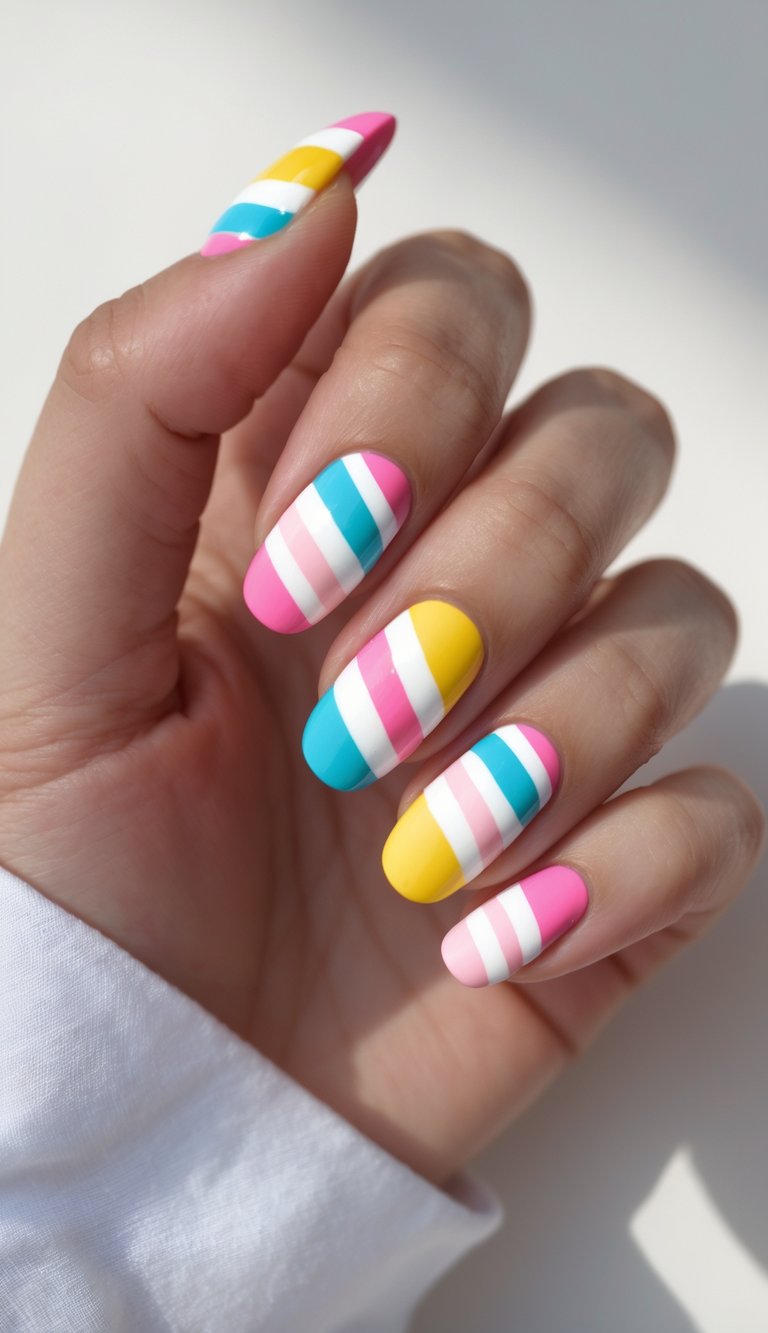 Close-up of one hand showing nails with colorful striped nail art against a white background.