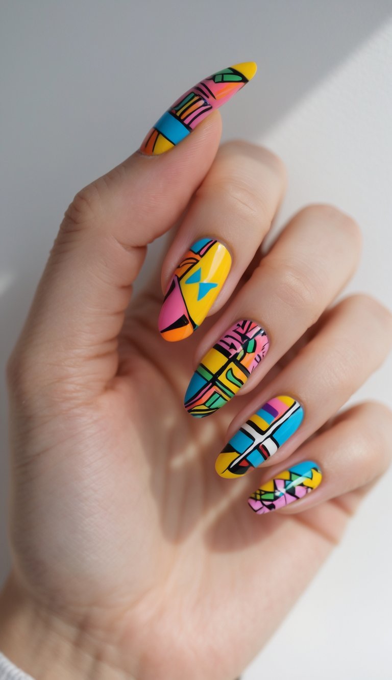 Close-up of one hand with colorful, detailed nail art against a white background.