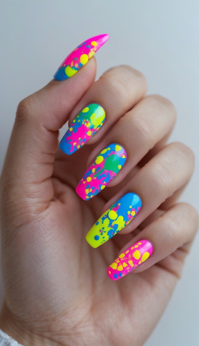 Close-up of one hand with colorful neon splatter nail art on a white background.