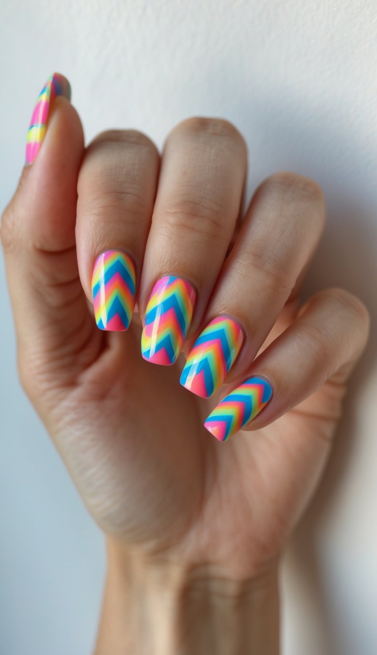 Close-up of one hand with colorful chevron patterned nails against a white background.