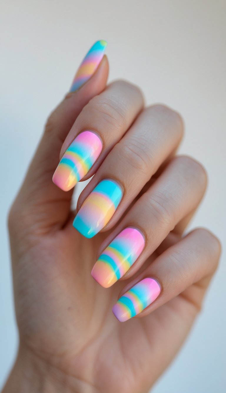Close-up of one hand with layered ombre nails showing smooth gradient colors against a white background.