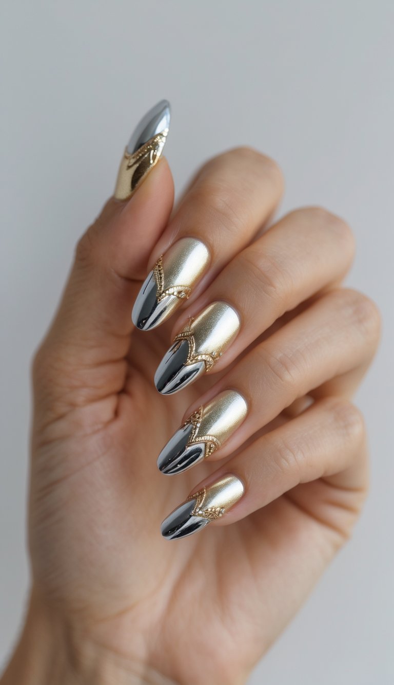 Close-up of one hand with metallic silver and gold tipped nails against a white background.