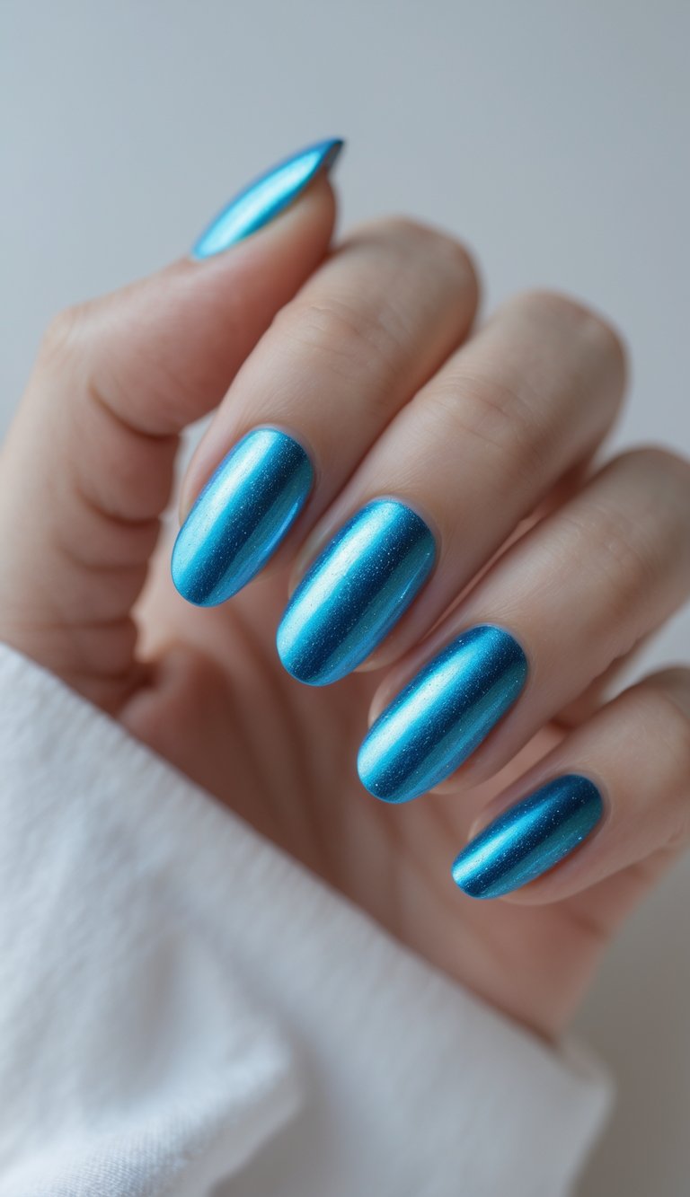 Close-up of one hand with electric blue metallic painted nails against a white background.