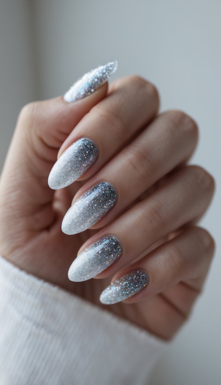 Close-up of one hand with silver glitter gradient nails against a white background.