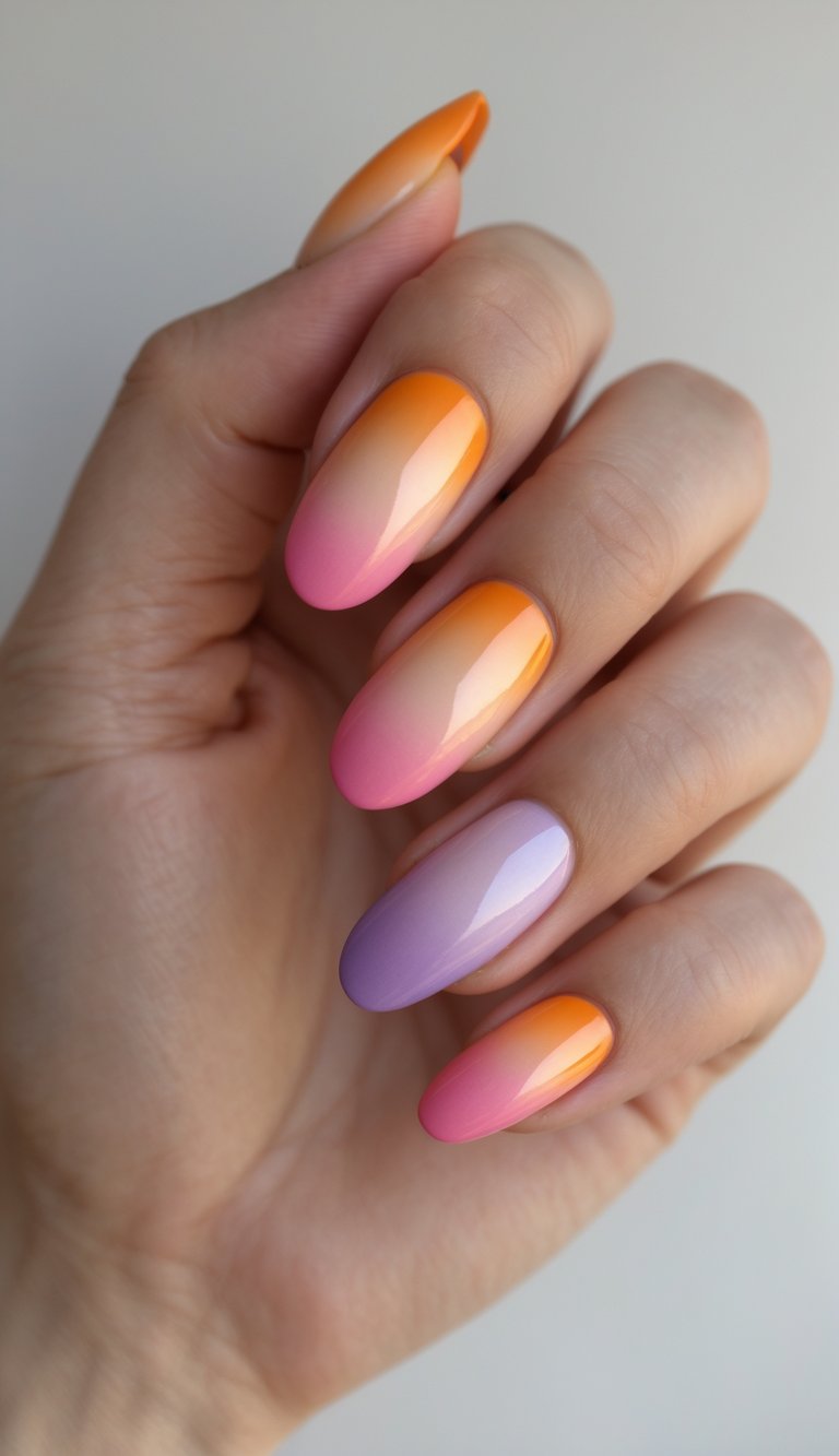 Close-up of one hand with nails painted in a smooth gradient of warm sunset colors against a white background.