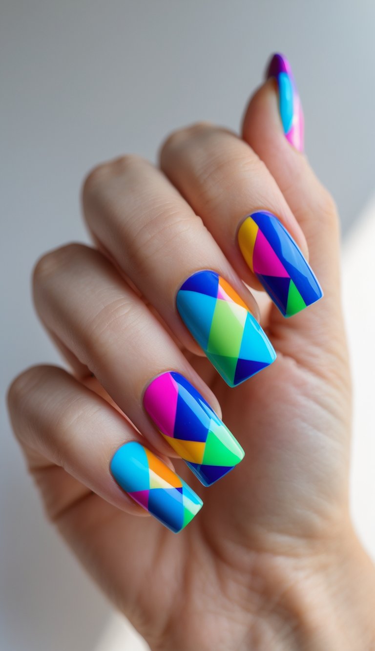Close-up of one hand with colorful gradient nail art on a white background.