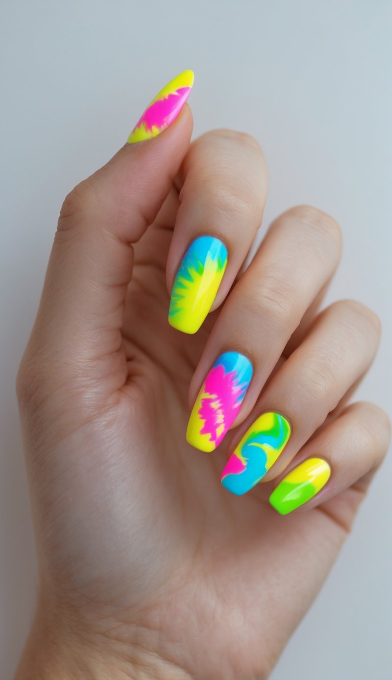 Close-up of one hand with brightly colored tie-dye nail art on a white background.