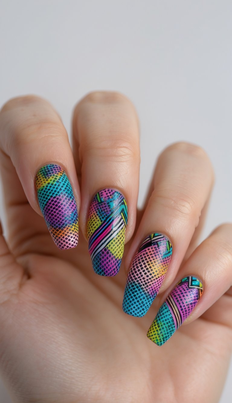 Close-up of one hand with colorful abstract mesh design nail art on each fingernail against a white background.