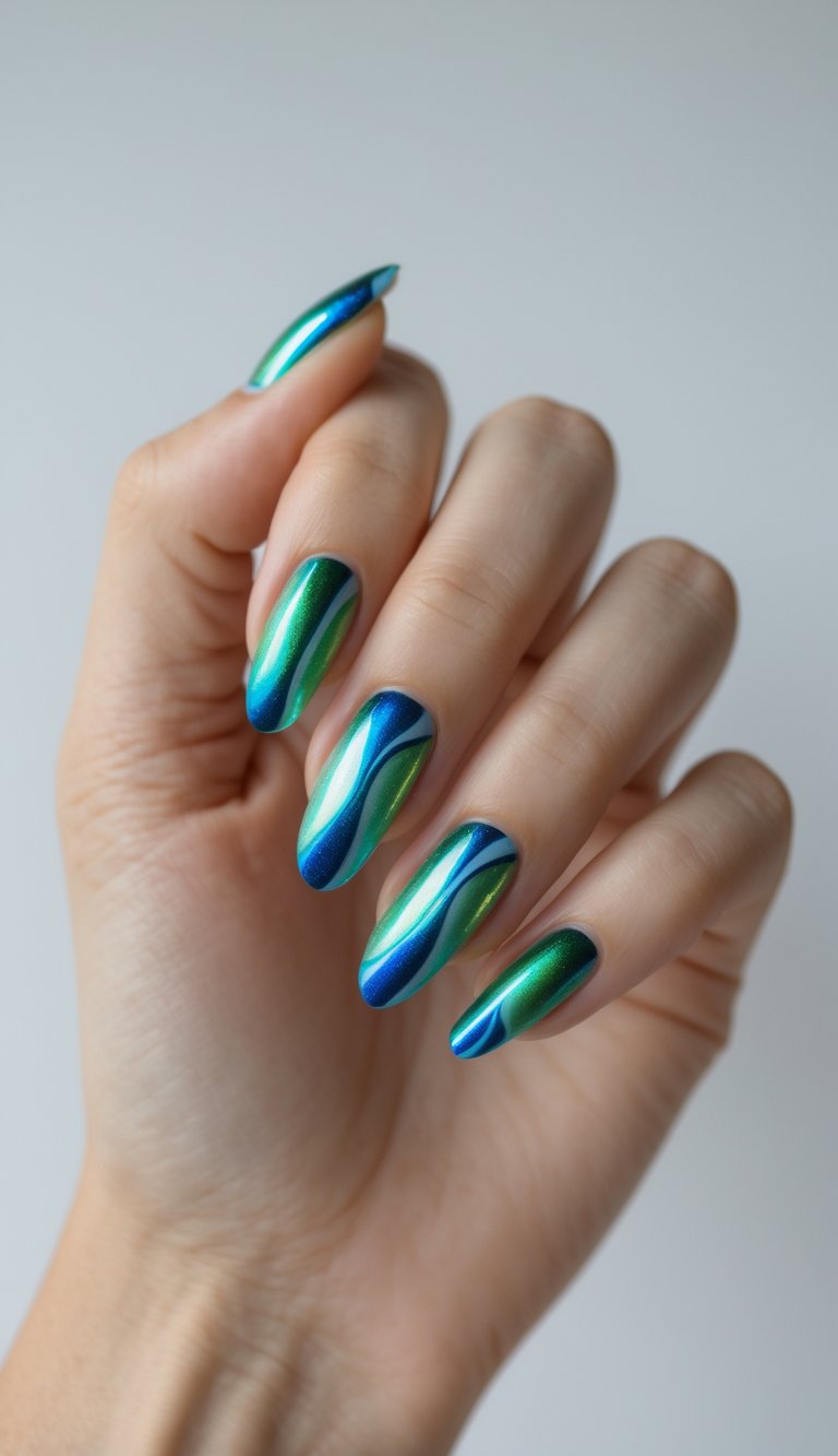 Close-up of one hand with blue and green metallic nails against a white background.