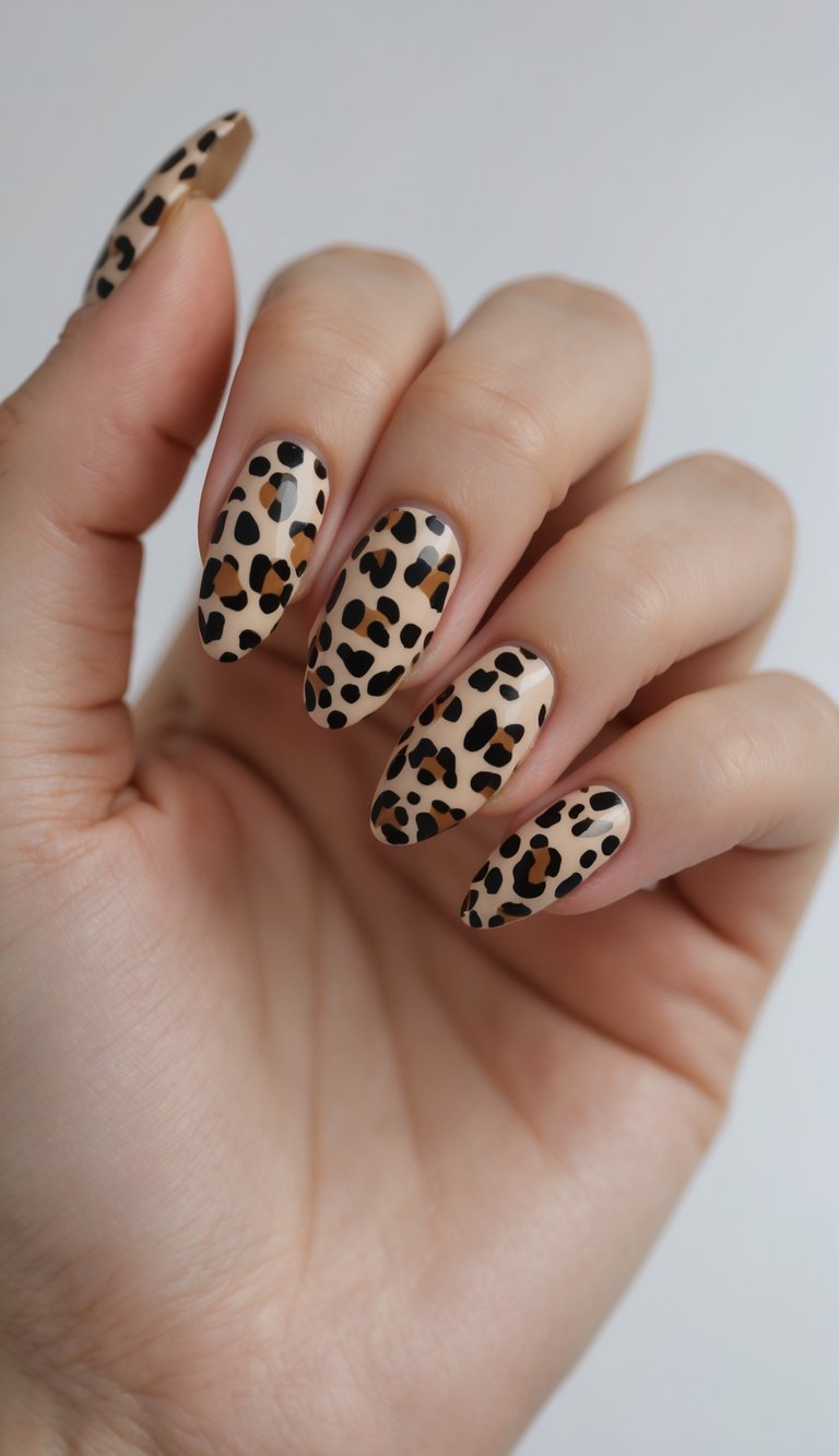 Close-up of one hand with leopard spot nail art on medium-length nails against a white background.