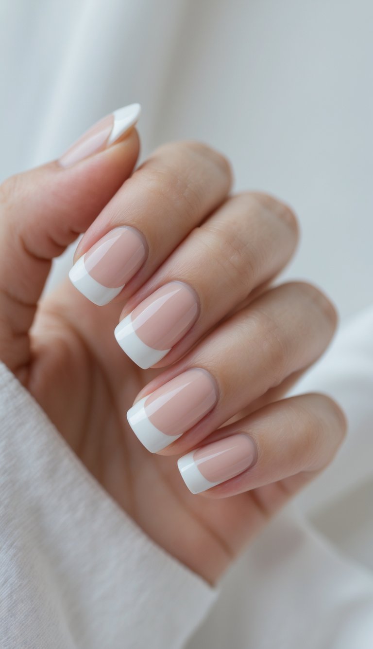 Close-up of one hand with neatly manicured nails featuring classic white French tips against a white background.