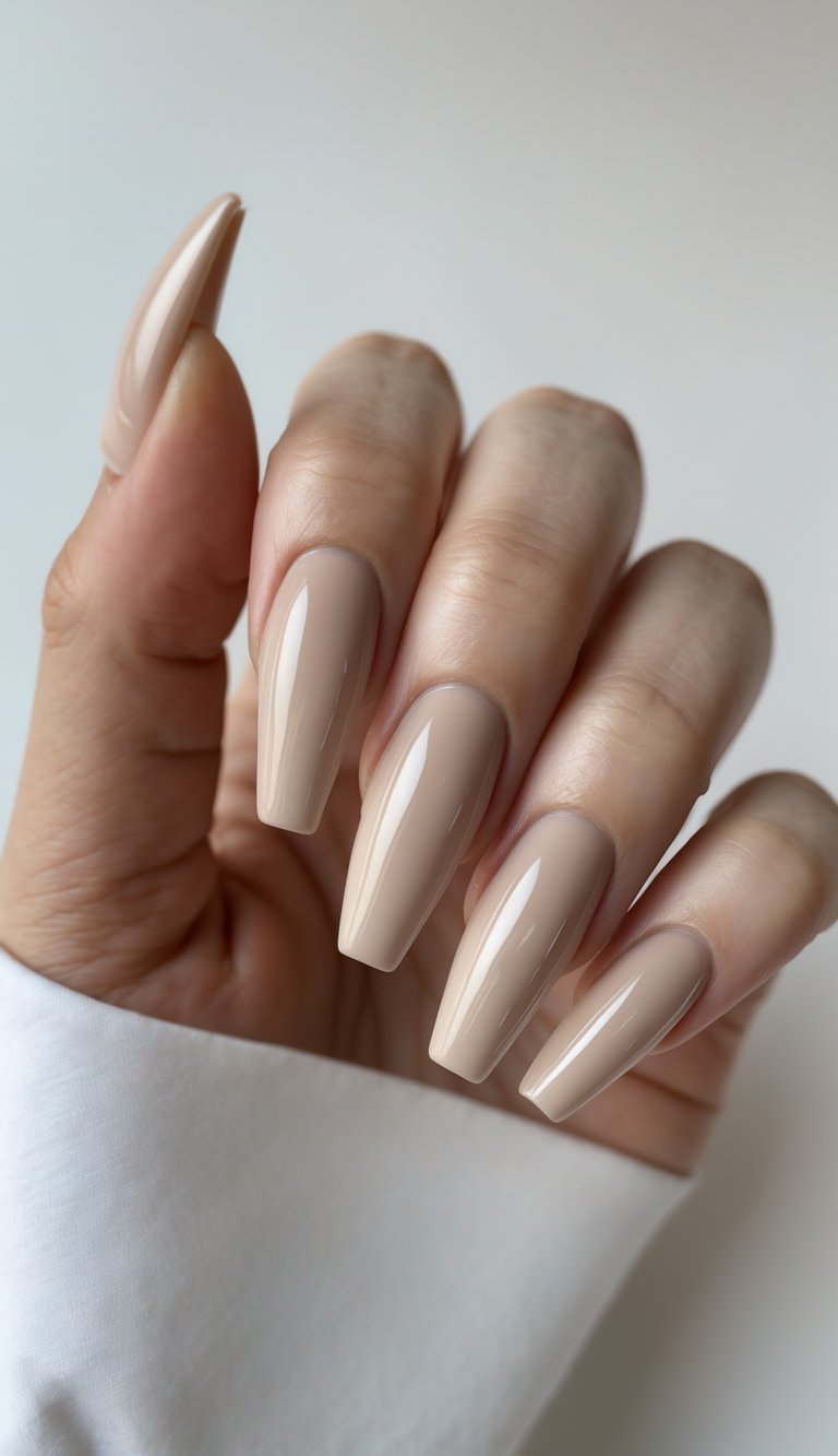 Close-up of one hand with glossy neutral beige coffin-shaped nails against a white background.