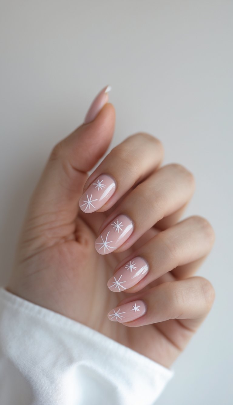 Close-up of one hand with sheer pink nails decorated with small starburst designs on a white background.