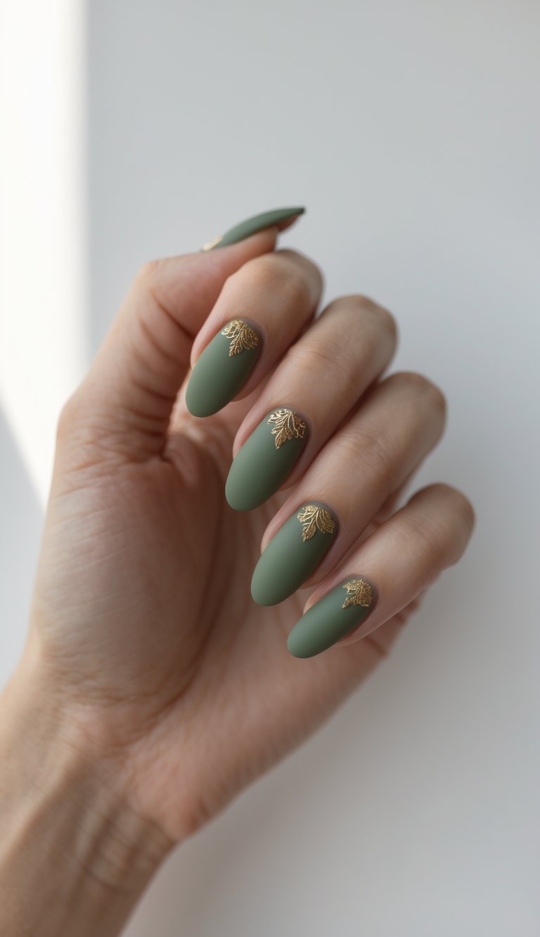 Close-up of one hand with moss green matte nails and subtle gold details against a white background.