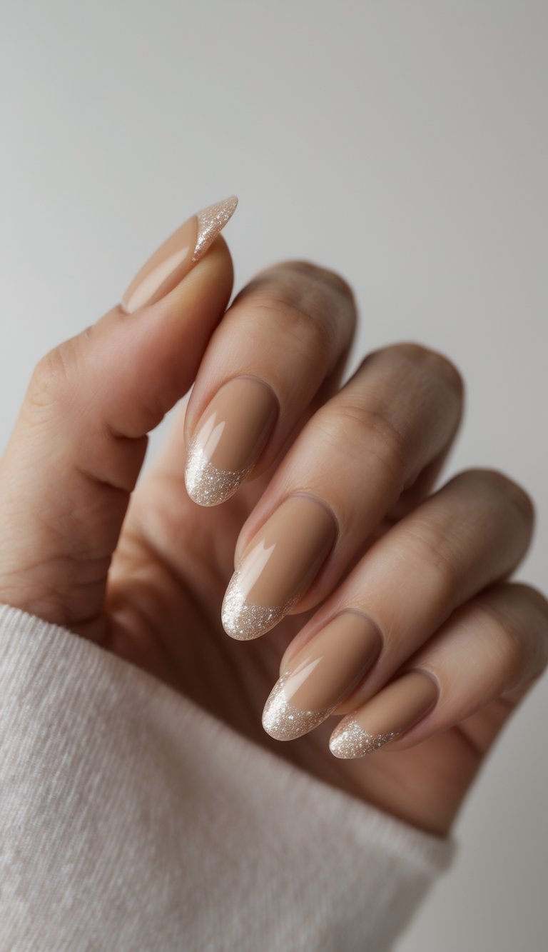 Close-up of one hand with warm beige nails and fine glitter tips against a white background.