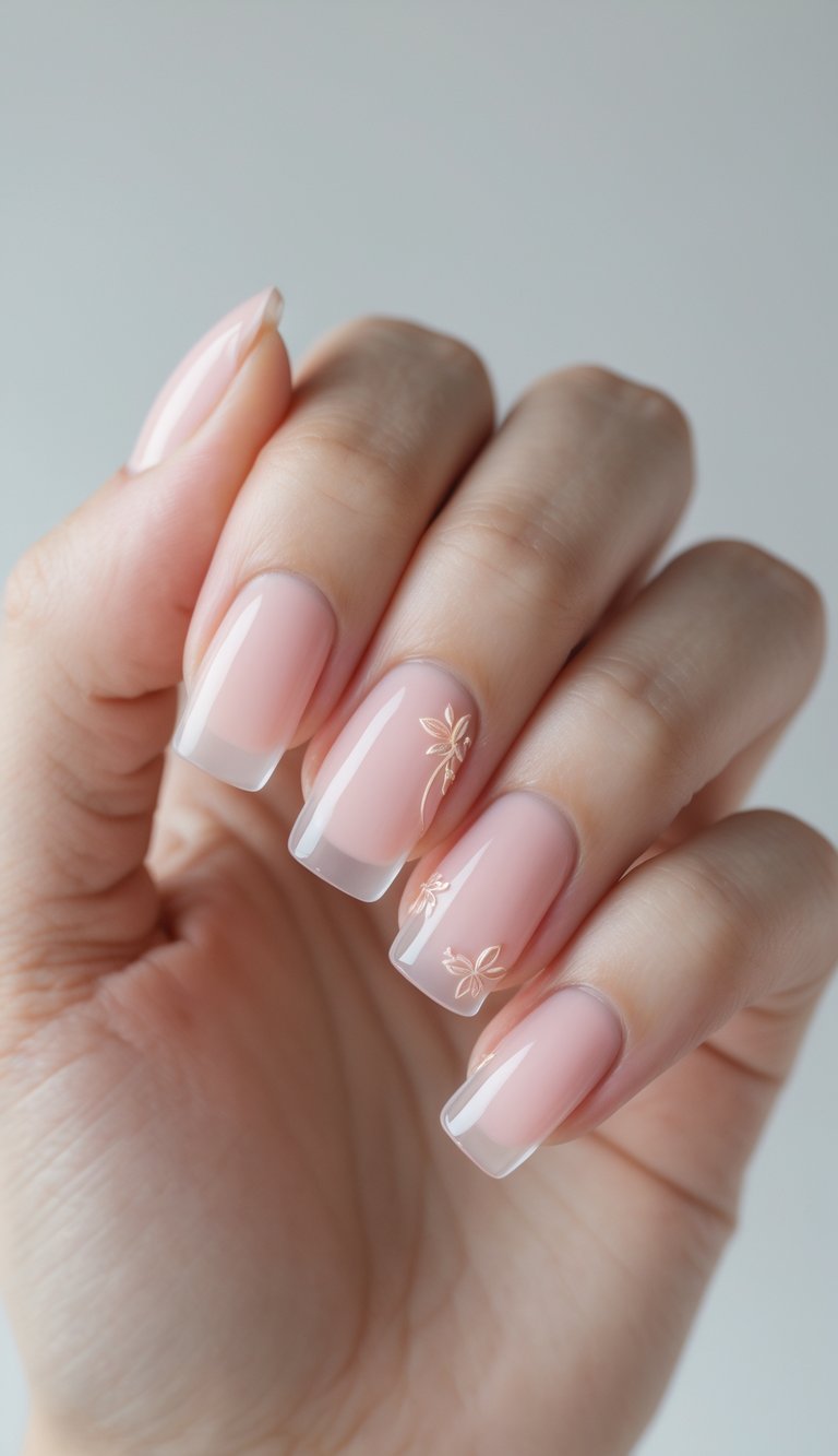 Close-up of one hand showing clean, square-shaped nails with transparent pink polish and subtle nail art on a white background.