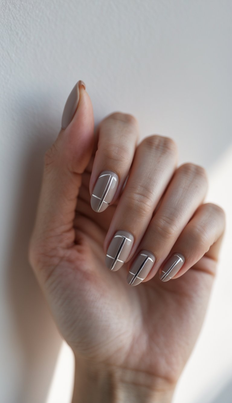 Close-up of one hand with light taupe painted nails featuring thin silver accent lines on a white background.
